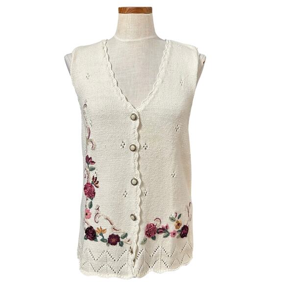Vintage Floral Embroidered Knit Vest Cream Sleeveless Sweater M Cottagecore - Picture 1 of 14